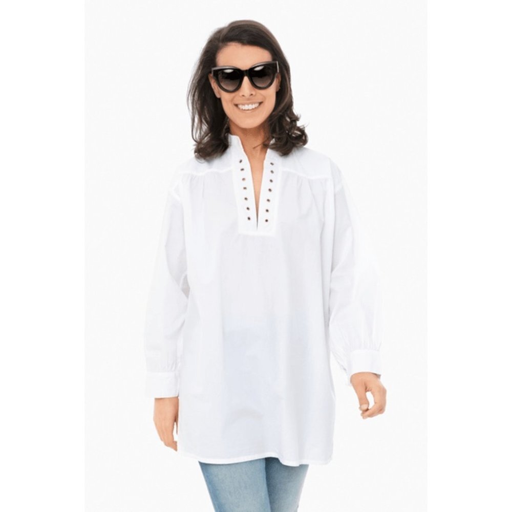 Roseanna Grommet Long Sleeve Tunic Top Cotton Blouse V-Neck FR 42 US 10 sz XL